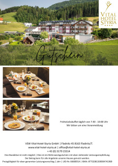 Gutschein Vorlage Frühstücksbuffet mit Hotelansicht von Vorne und Frühstückstisch