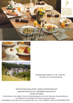 Gutschein Vorlage Frühstücksbuffet mit  Hotel Seitenansicht und Frühstückstisch